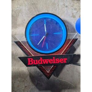 Vintage 90's Budweiser beer sign triangular frame circular clock face blue light
